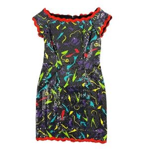 Vintage Rimini 80s Multi-Color Vibrant Colorful Print Shoulder Cocktail Dress